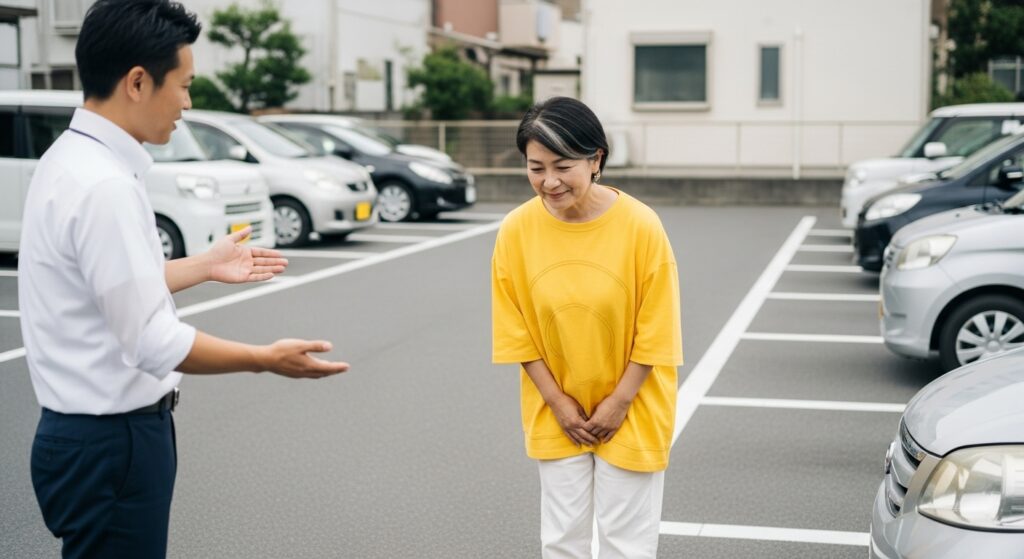 50代女性が駐車練習後にインストラクターへ感謝を伝える様子 ペーパードライバー講習
