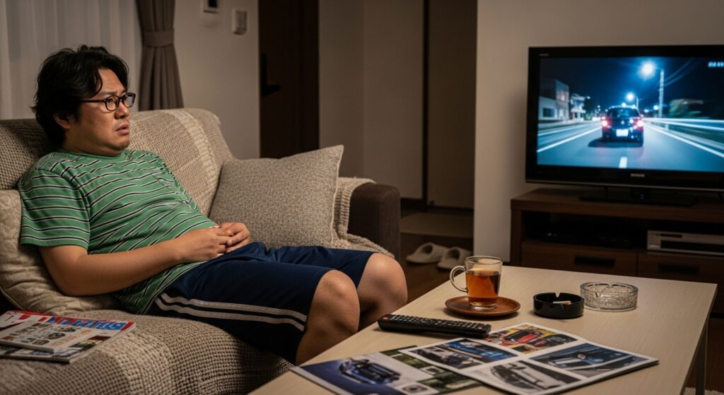 「夜間走行映像が流れるテレビを見ながらソファに座る男性。テーブルには車のカタログとお茶、灰皿が置かれている」