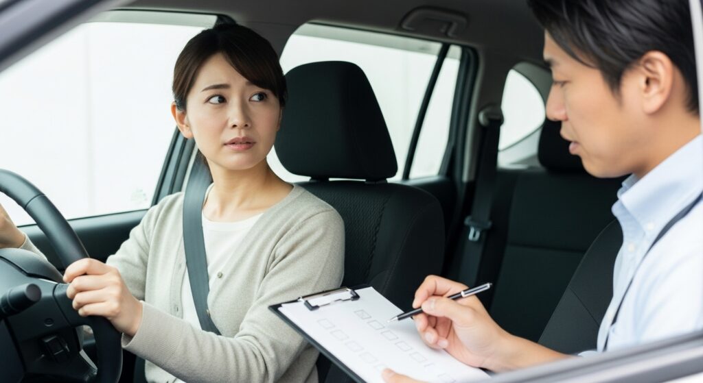 ペーパードライバー講習 女性 基礎操作確認 インストラクター ペーパードライバー講習で基礎操作を確認する女性ドライバー。助手席のインストラクターがチェックシートを見ながら指導している様子。