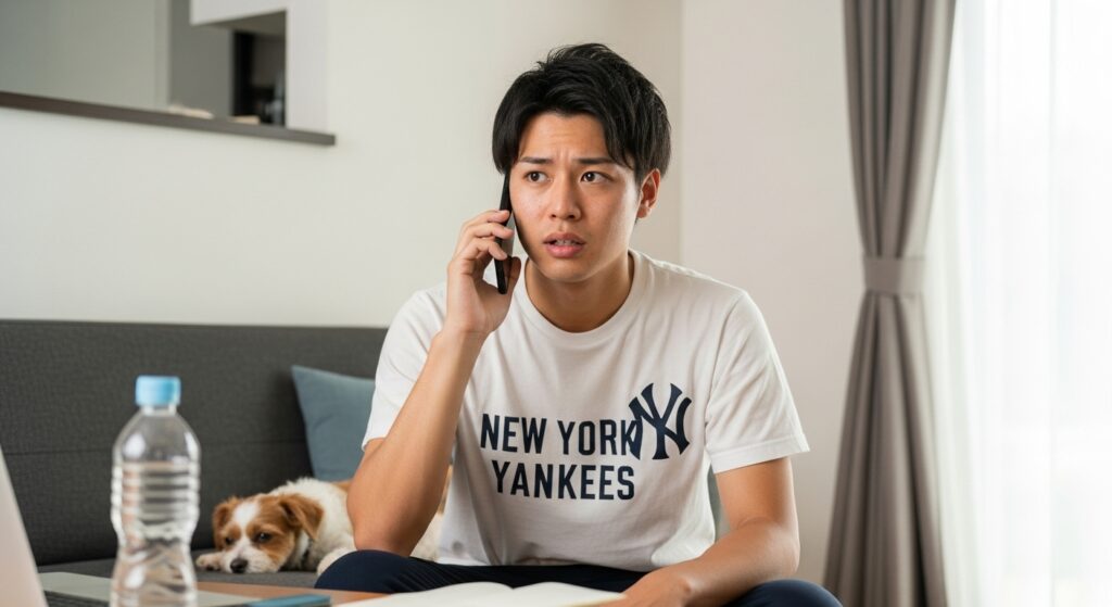 電話でペーパードライバー講習について相談する男性。不安そうな表情で室内から問い合わせ中。