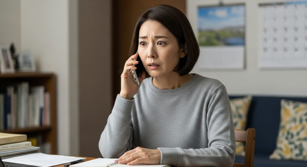 ペーパードライバー講習の比較に悩む女性が電話で相談している様子。失敗しないために口コミや評判を確認する重要性を表現。