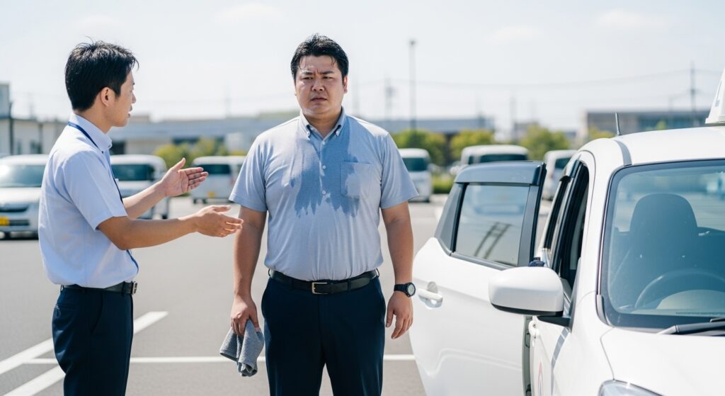 インストラクターと話し合うペーパードライバー講習受講者