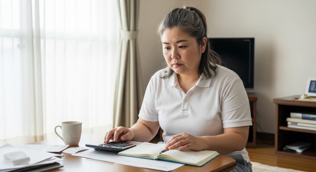 ペーパードライバー講習の費用を振り返りながら、ノートと電卓を使って家計を見直す女性の姿。無駄な出費を後悔する様子が伝わる。