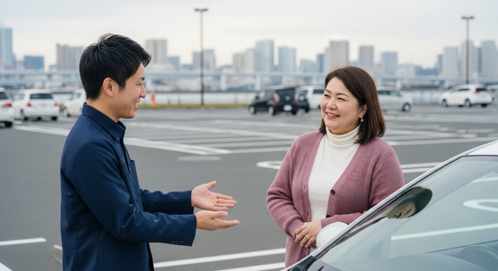 ペーパードライバー講習 広い駐車場 基礎練習 広い駐車場でインストラクターと笑顔で会話するペーパードライバーの女性