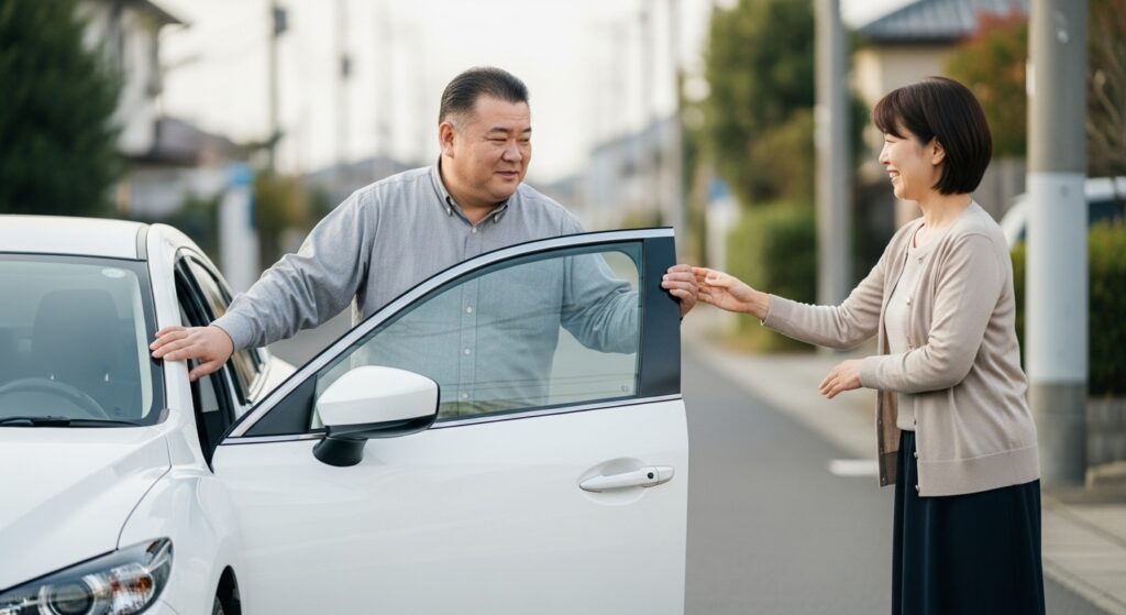 paperdriver-lesson-escort-driving-confidence ペーパードライバー講習で自信を取り戻した50代男性が、笑顔で女性を車にエスコートする様子