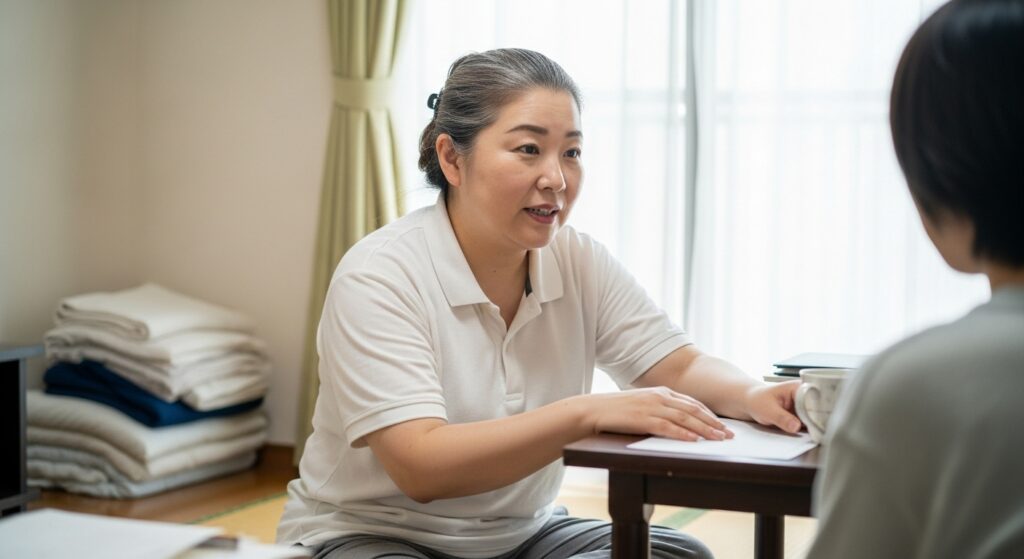 ペーパードライバー講習について、出張型と教習所型の違いを説明する女性。リアルな受講経験をもとに質問に答える様子。