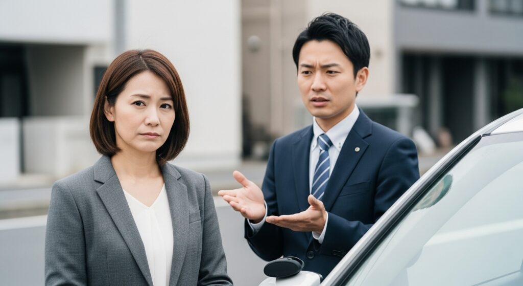 ペーパードライバー講習の初回で、受講者がインストラクターの指導に不安を感じている様子。力量や指導の質を見極める重要な場面。