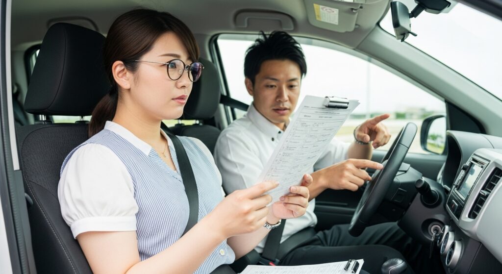 ペーパードライバー講習でインストラクターの指導を受け、チェックリストを見ながら運転練習する30代女性