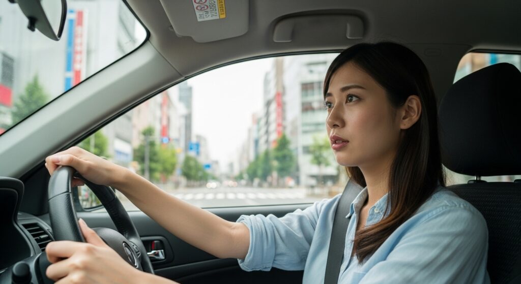 ペーパードライバー講習を受けて送迎ルートを練習中の若い日本人女性。真剣な表情で都内の交差点を走行中。