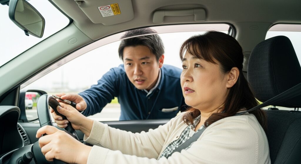 ペーパードライバー講習 女性 インストラクター 指導 不安 「ペーパードライバー講習で指導を受ける50代女性ドライバー。運転席で不安そうにハンドルを握り、インストラクターが車外から声をかけている様子。」