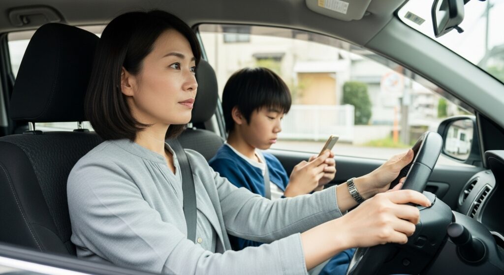 ペーパードライバー講習 母親 子ども同乗 子育て世代 ペーパードライバー講習を受けて運転を再開する母親。助手席にはスマホを操作する息子が同乗している日常的なシーン。