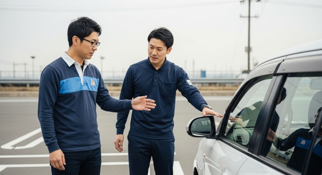 駐車場でインストラクターと30代男性が車体の位置を確認している場面。左ミラーの位置を指し示しながら駐車指導をしている様子。