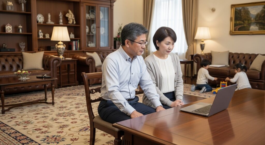 自宅のリビングでパソコンを使ってオンライン相談を受ける50代夫婦