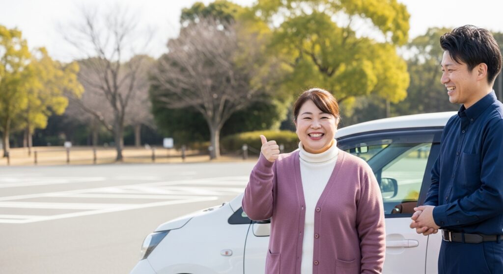 ハートフルドライビング|ペーパードライバー講習(場内練習なし・公園駐車場での実践練習) ペーパードライバー講習で笑顔の女性とインストラクター|ハートフルドライビング