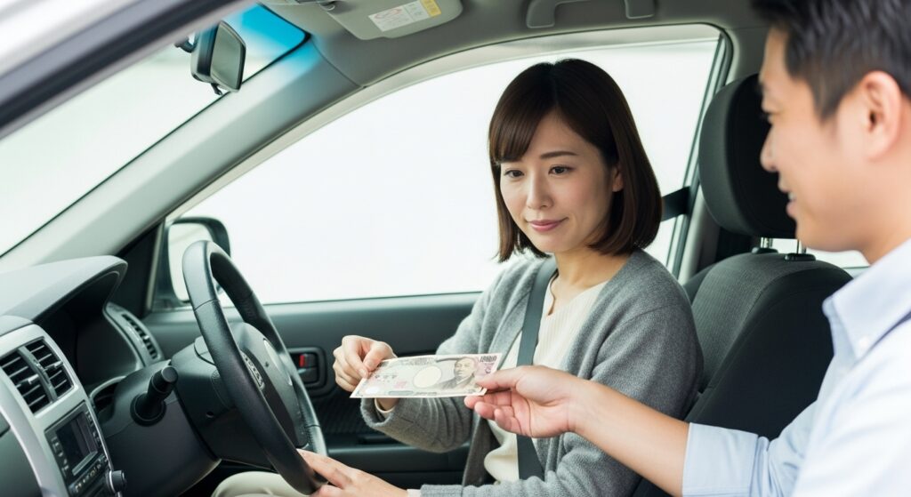 ペーパードライバー講習 料金相場 支払い 車内 ペーパードライバー講習終了後、車内で女性がインストラクターに1万円を支払っている様子。