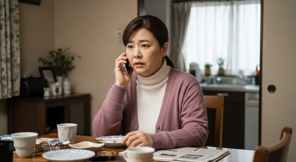 ペーパードライバー講習 電話相談 不安な女性 ペーパードライバー講習について電話で相談し不安そうにしている女性