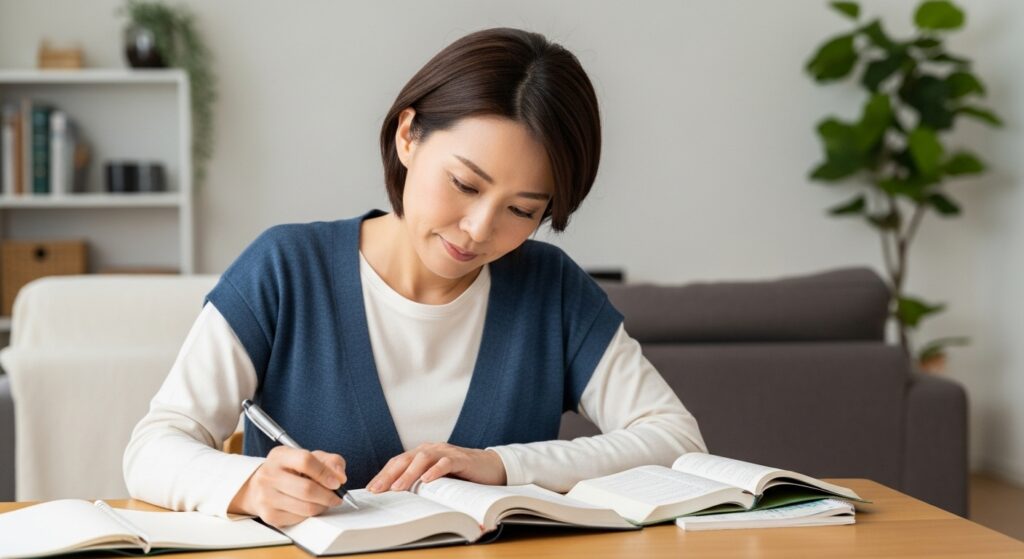 ペーパードライバー講習 専門用語 勉強 自宅学習 ペーパードライバー講習に備えて専門用語を自宅で勉強する女性。辞書とノートを広げ、集中して学習している様子。