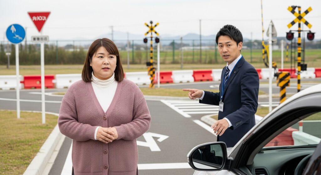 ペーパードライバー講習 踏切指導 場内練習 ペーパードライバー講習で教習所の場内コース踏切付近を指導員から説明を受ける女性