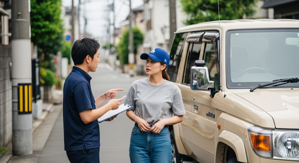 講習前に屋外でインストラクターと話す女性受講者。ペーパードライバー講習の説明を受けている様子。
