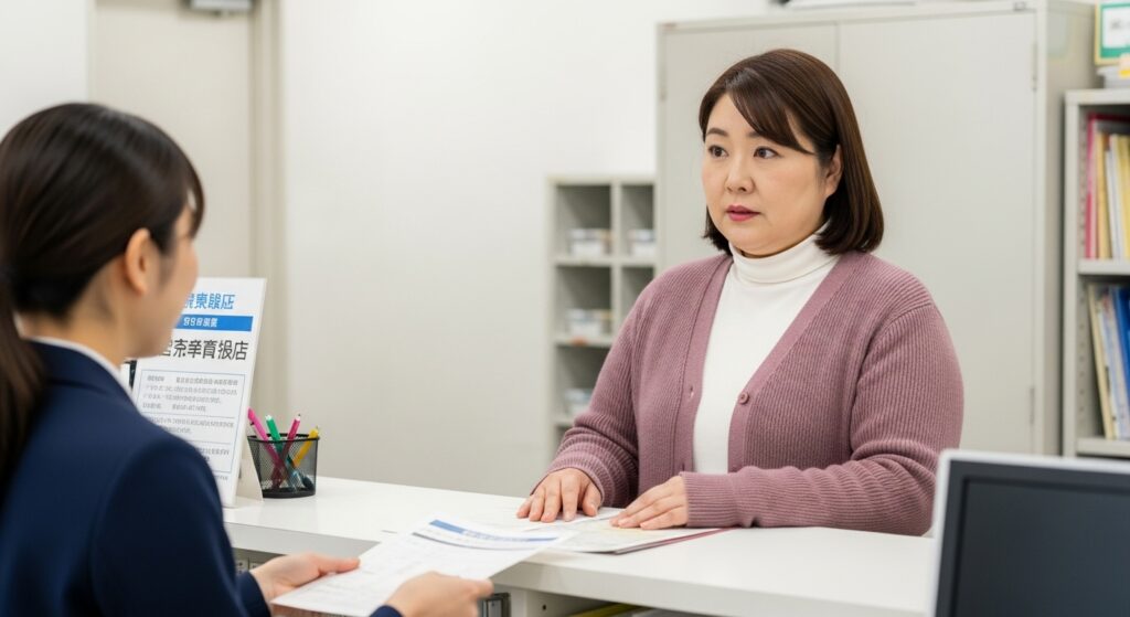ペーパードライバー講習 受付 不安な女性 ペーパードライバー講習の受付で説明を受ける女性