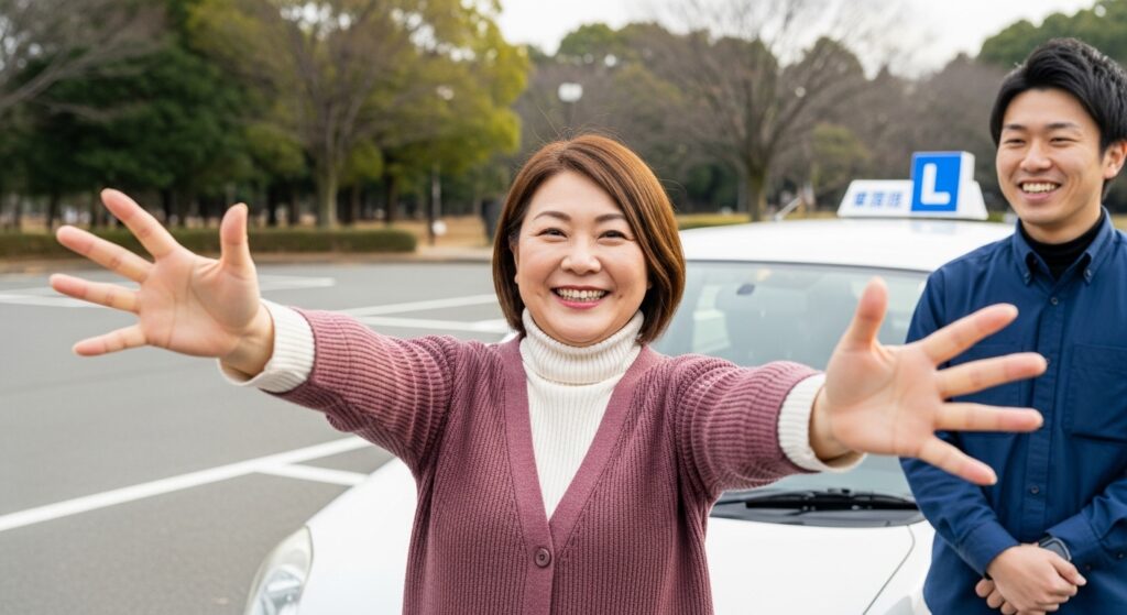 ペーパードライバー講習|安心して基礎から始められる運転練習 ペーパードライバー講習で笑顔の女性受講者と指導員。安心して段階的に運転練習を進められる様子。