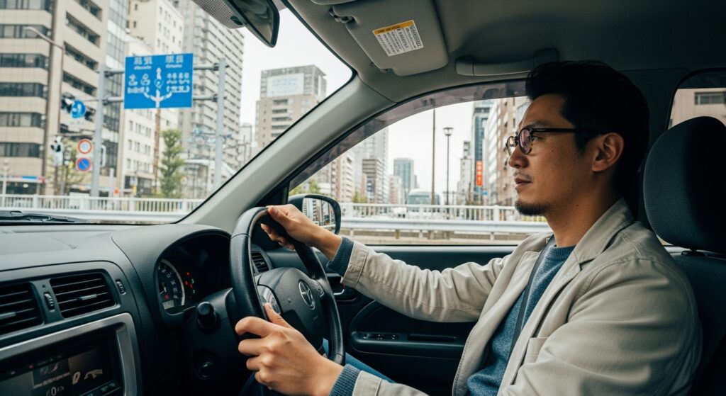 山手通りを運転する日本人男性｜新宿区内でペーパードライバー講習を受ける30代男性の走行シーン