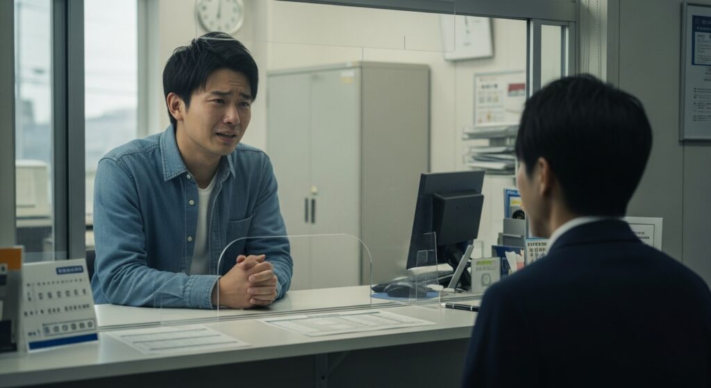 ペーパードライバー講習の受付相談シーン ペーパードライバー講習の受付窓口で、不安そうな表情で相談する男性。運転の悩みをインストラクターに打ち明けているシーン。