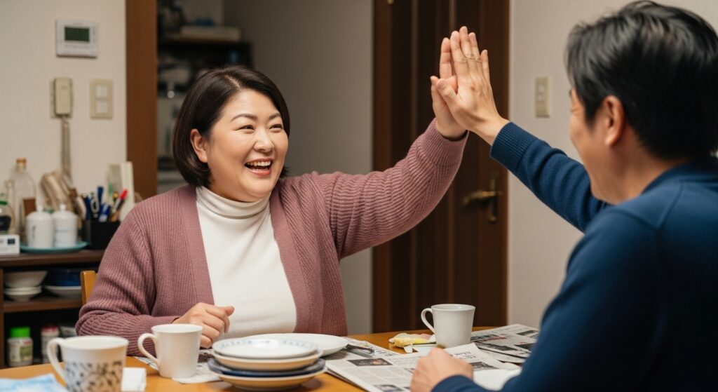 ペーパードライバー講習 成功体験 ハイタッチ ペーパードライバー講習を終えて達成感を分かち合い、夫と笑顔でハイタッチする女性