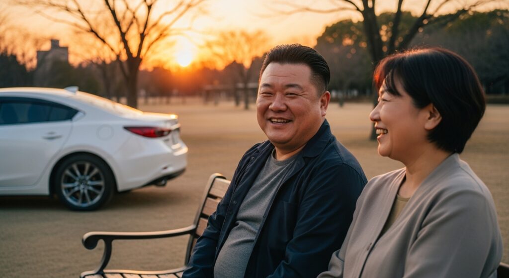 夕暮れの公園で笑顔の男女と白い車 夕暮れの公園でベンチに座り、笑顔で会話する50代の男女。後ろには白い車が停まり、穏やかな雰囲気が広がっている。