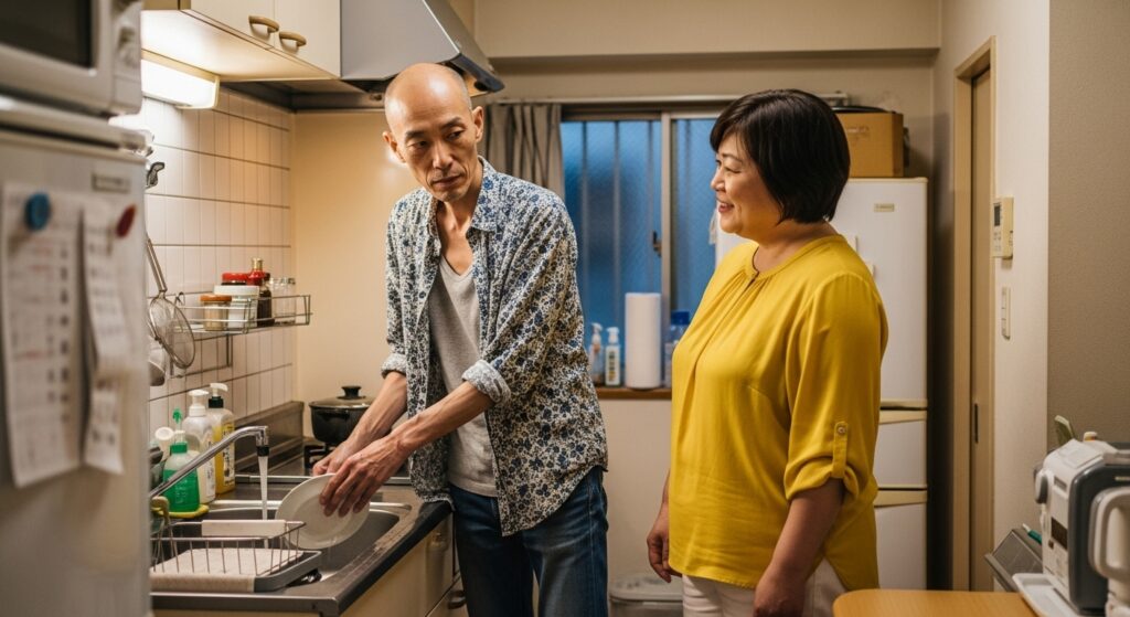 ペーパードライバー講習後に夫が家事をサポートする場面 ペーパードライバー講習後、夫が「今日は疲れたと思うから食器は俺が洗うよ」と妻をサポートする場面。行動で寄り添う優しさを表現。