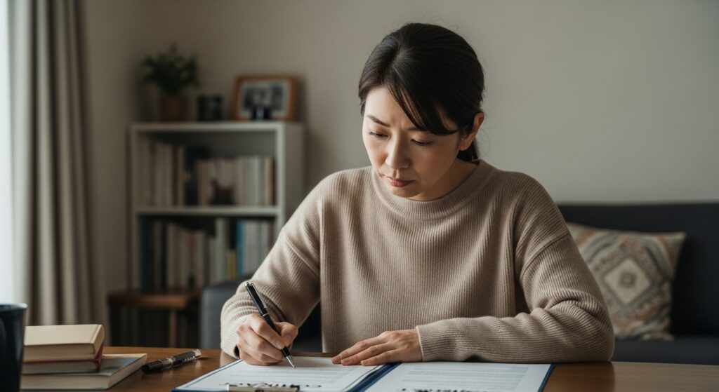 ペーパードライバー講習の契約書にサインしている女性。格安プランや不透明な契約条件に注意する必要性を示すシーン。