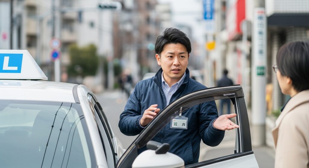 ペーパードライバー講習で経験不足のインストラクターが指導している様子。道路知識や地理感覚の乏しさが受講者の不安につながる問題。