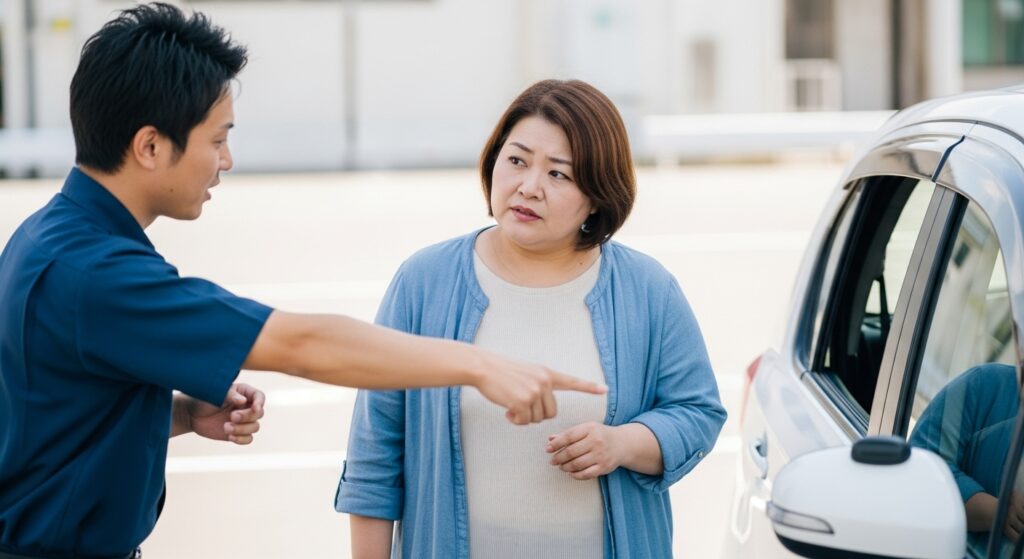 ペーパードライバー講習 女性 車幅感覚 インストラクター 指導 「ペーパードライバー講習で車幅の説明を受ける女性ドライバー。インストラクターが指をさして指導している様子」