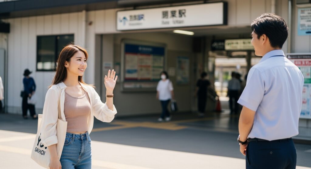 新宿区代々木駅前で、女性がインストラクターに手を振って挨拶しているシーン｜ペーパードライバー講習