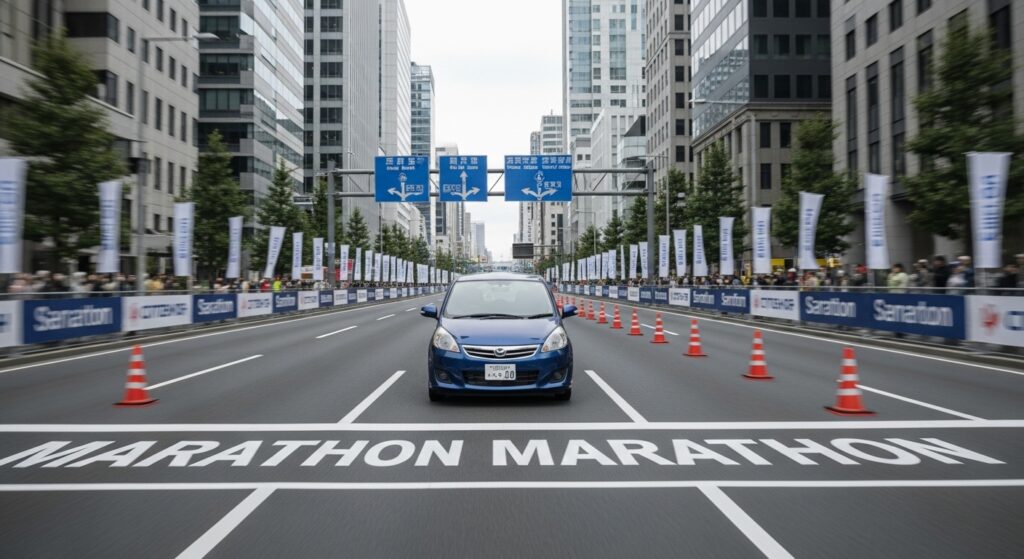 マラソンコースを走る車｜継続的に学んで運転を習慣化する長期定着派のイメージ