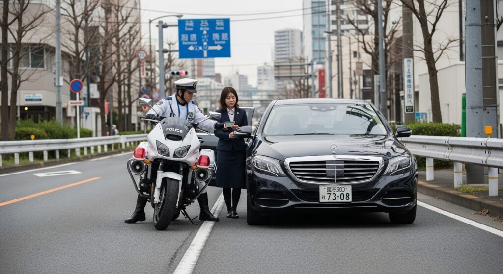 「軽微な交通違反で白バイに停められる女性ドライバー」 「女性ドライバーが白バイ警察官に免許証を提示している様子。駐車違反や一時停止違反など軽微な違反に科される反則金のイメージ」
