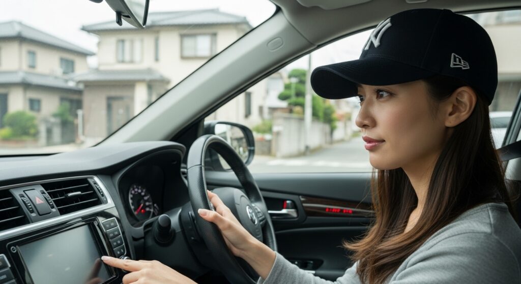 車内でカーナビの操作に戸惑う若い日本人女性。ペーパードライバー講習を受ける前の様