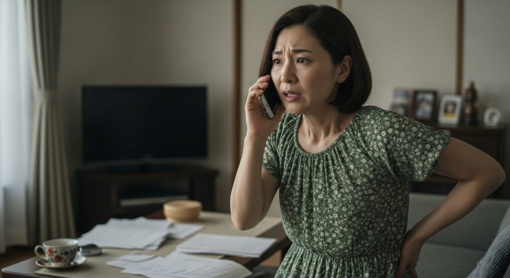 ペーパードライバーが運転に慣れるまでの日数について電話で相談する女性。学習期間や練習頻度に関する不安を話す様子。