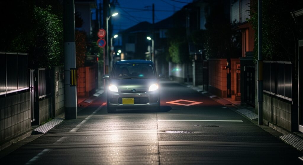 夜の住宅街を走る日本のコンパクトカーのヘッドライトが光る様子｜ペーパードライバーの夜間運転練習