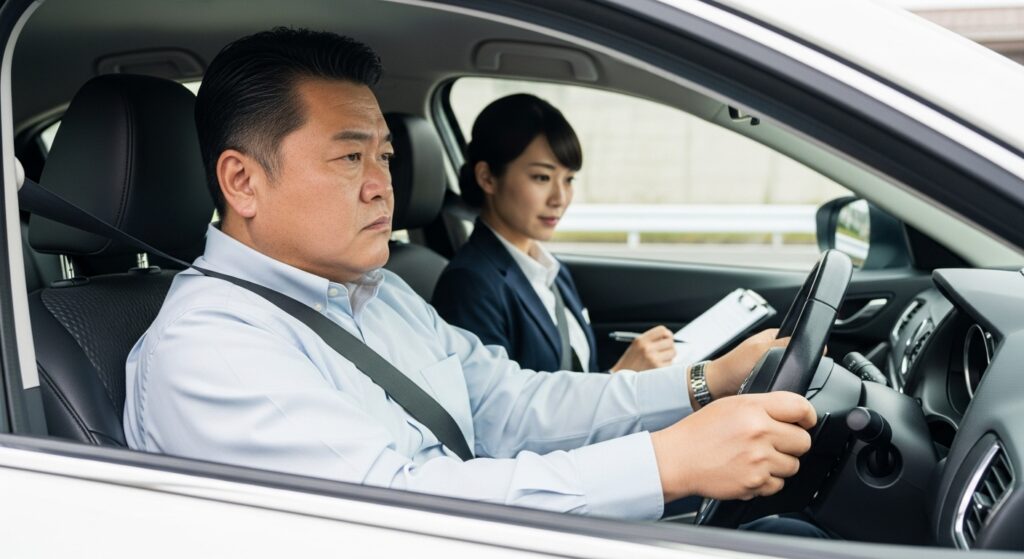 ペーパードライバー 講習 運転集中シーン 助手席にインストラクターを乗せ、真剣にハンドルを握る50代男性。ペーパードライバーが行動を起こし再スタートを切る瞬間を象徴するシーン