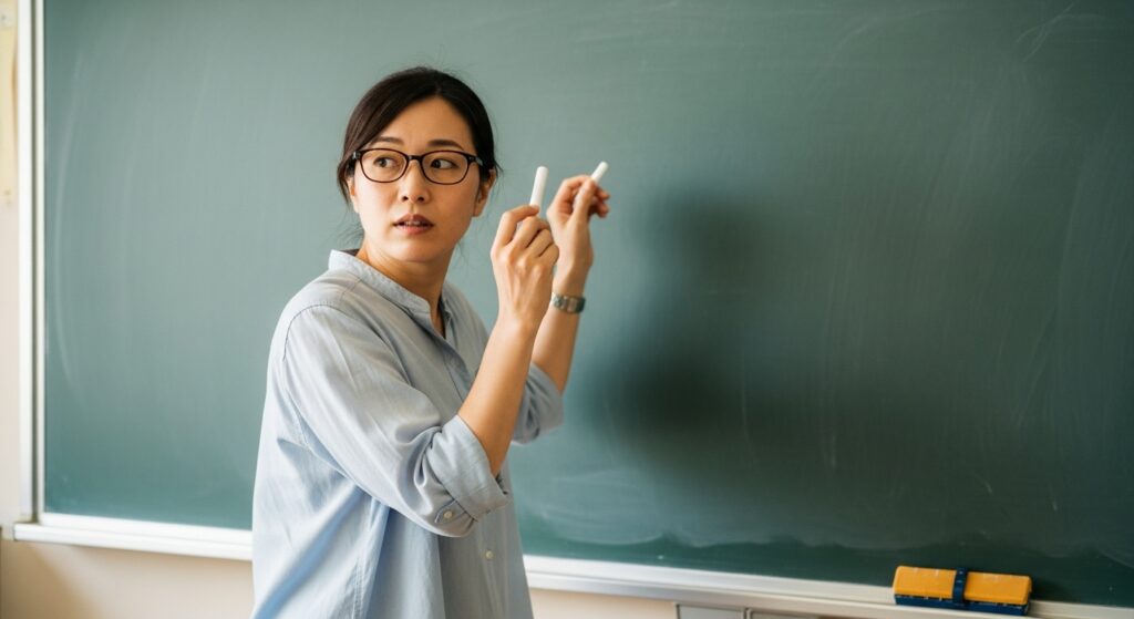 黒板の前でチョークを持ち、運転の課題を言語化して説明する30代女性インストラクター