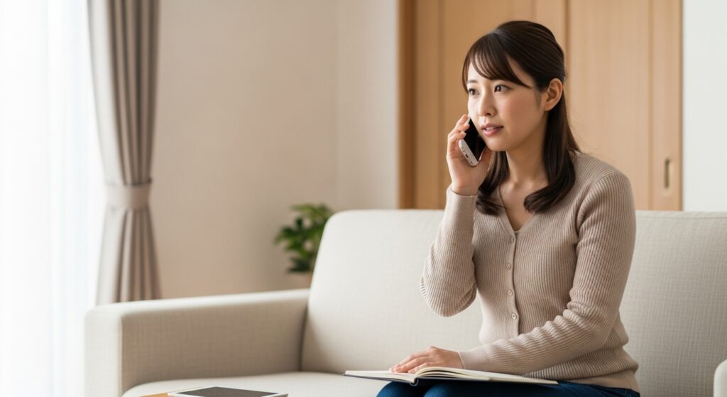 パートナーの運転が不安な女性が講習前に無料相談する様子|ハートフルドライビング パートナーの運転が心配な女性が、ペーパードライバー講習の事前相談を電話で行っている様子