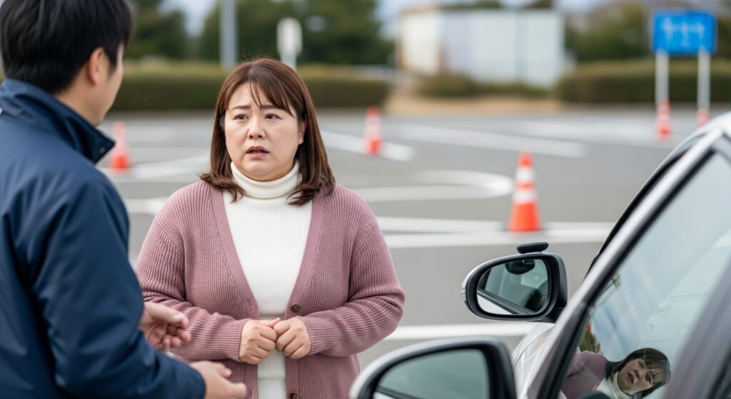 ペーパードライバー講習 場内練習 不安な表情の女性 ペーパードライバー講習で教習所の場内コースを走る前にインストラクターから説明を受けて不安そうにしている女性