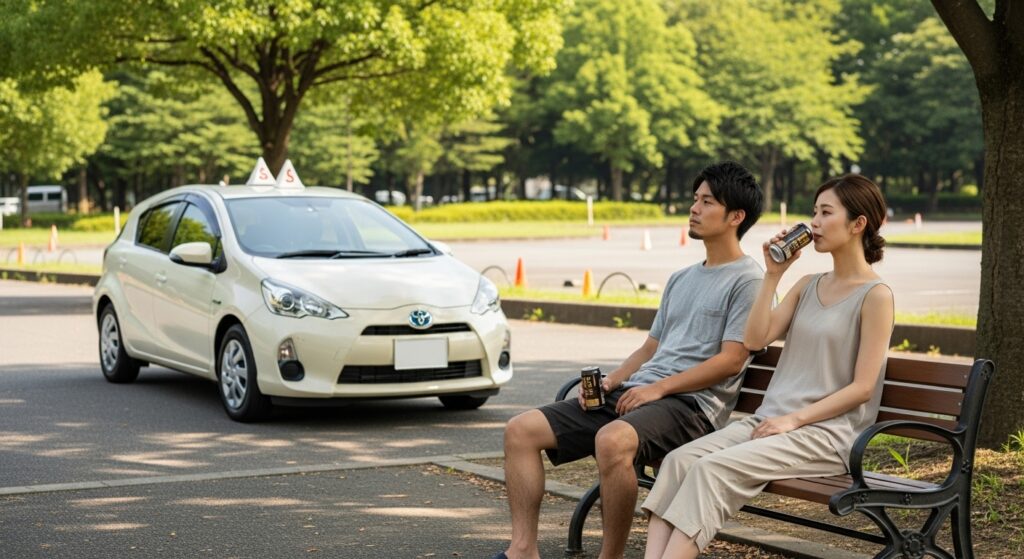 教習車のトヨタアクアを背に、公園のベンチで缶コーヒーを飲む日本人カップル｜ペーパードライバー練習休憩シーン