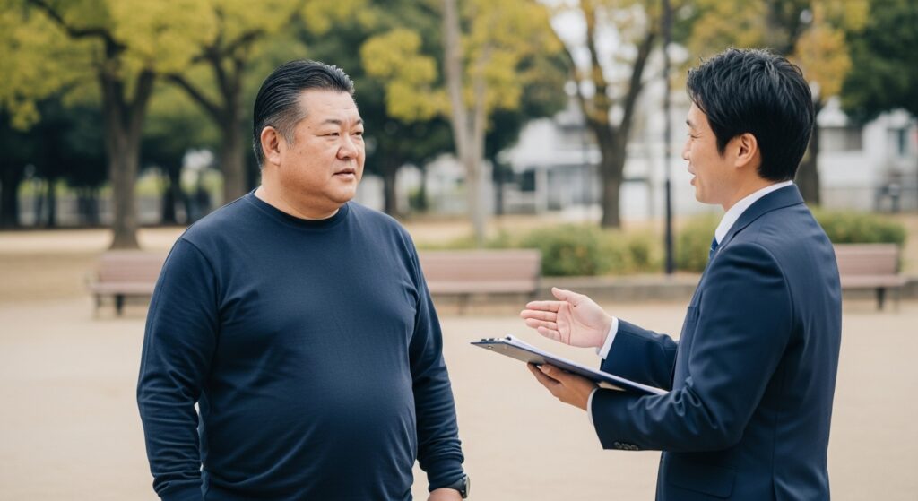 ペーパードライバー プライドと不安の葛藤 公園でインストラクターと会話する50代男性。運転できるというプライドとできない不安の心理的葛藤を象徴するシーン