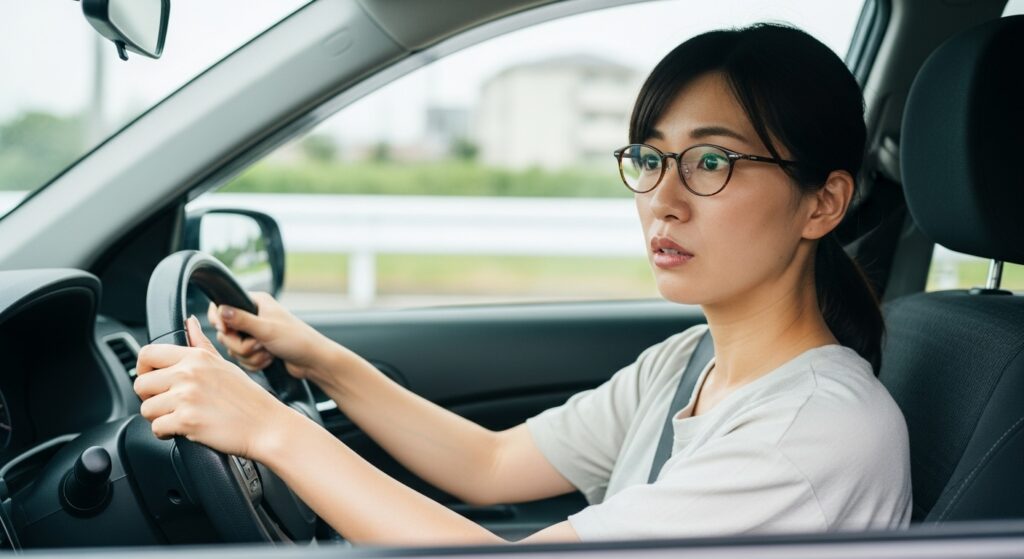 久しぶりの運転に緊張する30代女性ペーパードライバーが、眼鏡をかけて日本車のハンドルを握る様子