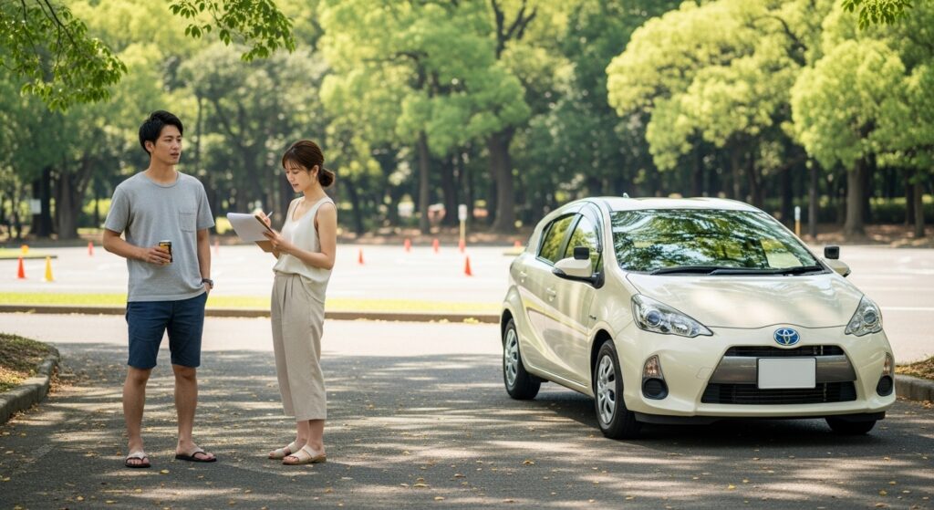 自己流運転チェックシートで運転前の準備を確認するカップルと教習車トヨタアクア