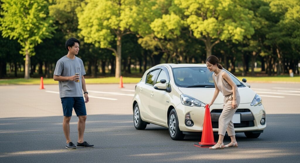 自己流でペーパードライバー練習を始める前の準備風景｜教習車トヨタアクアとコーンを設置する女性