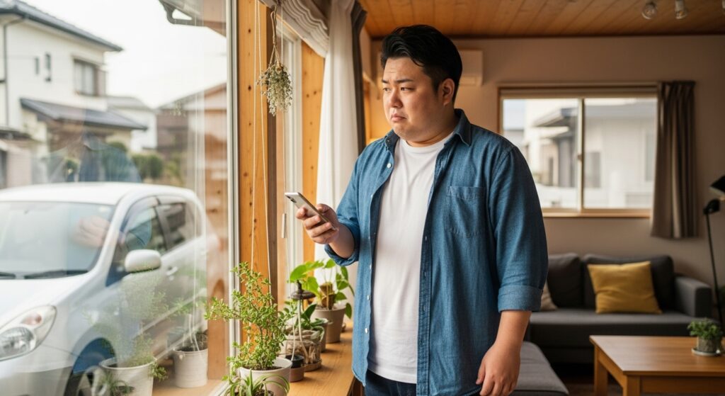 自宅の窓辺でスマホを見ながら一人で運転練習を考える男性。ペーパードライバー講習を受けるべきか迷っている様子