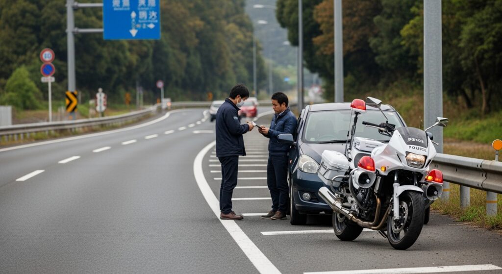「白バイ取り締まりで免許証を提示する交通違反シーン」 「高速道路の路肩で白バイに停車させられた車と警察官に免許証を提示するドライバー。心理的不安や焦りが違反や事故につながることを示すシーン」